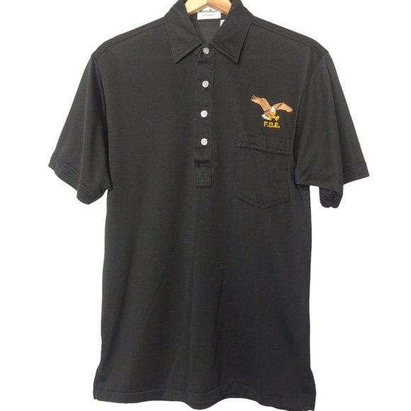 Vintage FOE Fraternal Order Eagles Small Polo Shirt Winner Mate Black Retro EUC - Picture 1 of 9